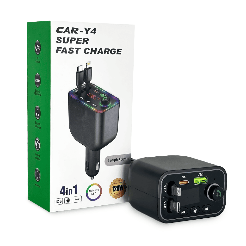 Cargador 4 en 1 para Carro CAR-Y4 - 120W Super Fast Charge & Transmisor FM