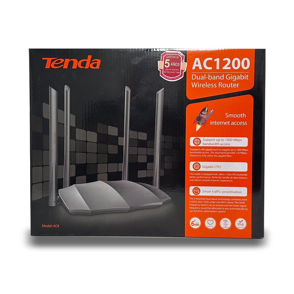 Router Inalámbrico Tenda AC8 | Dual-Band Gigabit AC1200 | Smart Traffic Prioritisation
