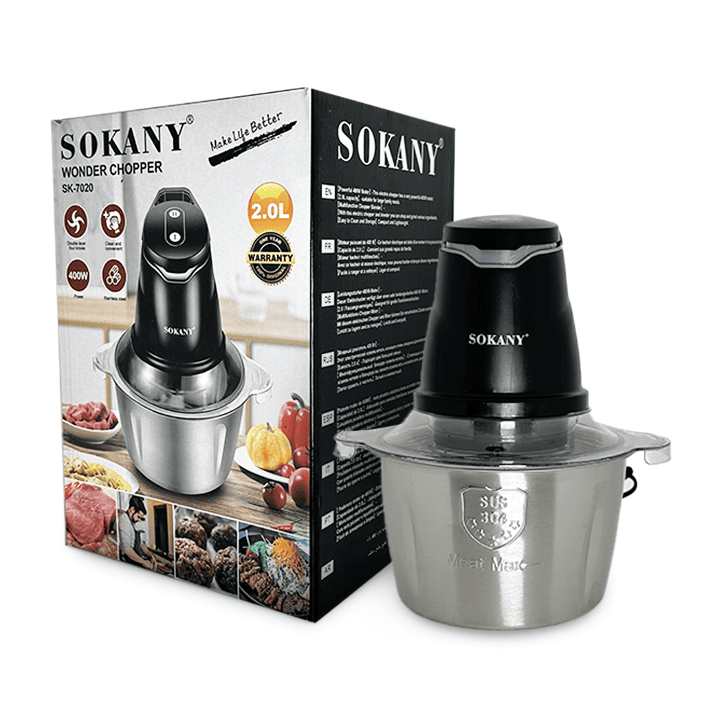 Picadora Eléctrica Sokany SK-7020 - Procesador de Alimentos 2.0L de Acero Inoxidable (400W)