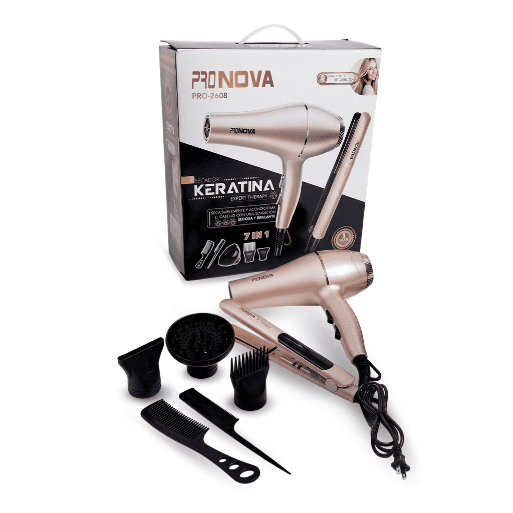 Combo Expert Therapy Pro Nova PRO-2608 7 en 1 | Secador + Plancha de Keratina | Kit Profesional de Estilizado