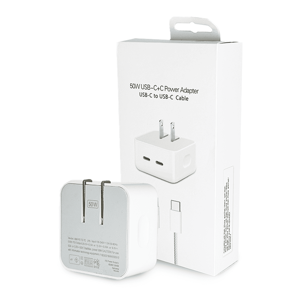 Adaptador de Corriente Apple 50W Doble Puerto USB-C Vertical - Con Cable USB-C a USB-C Incluido